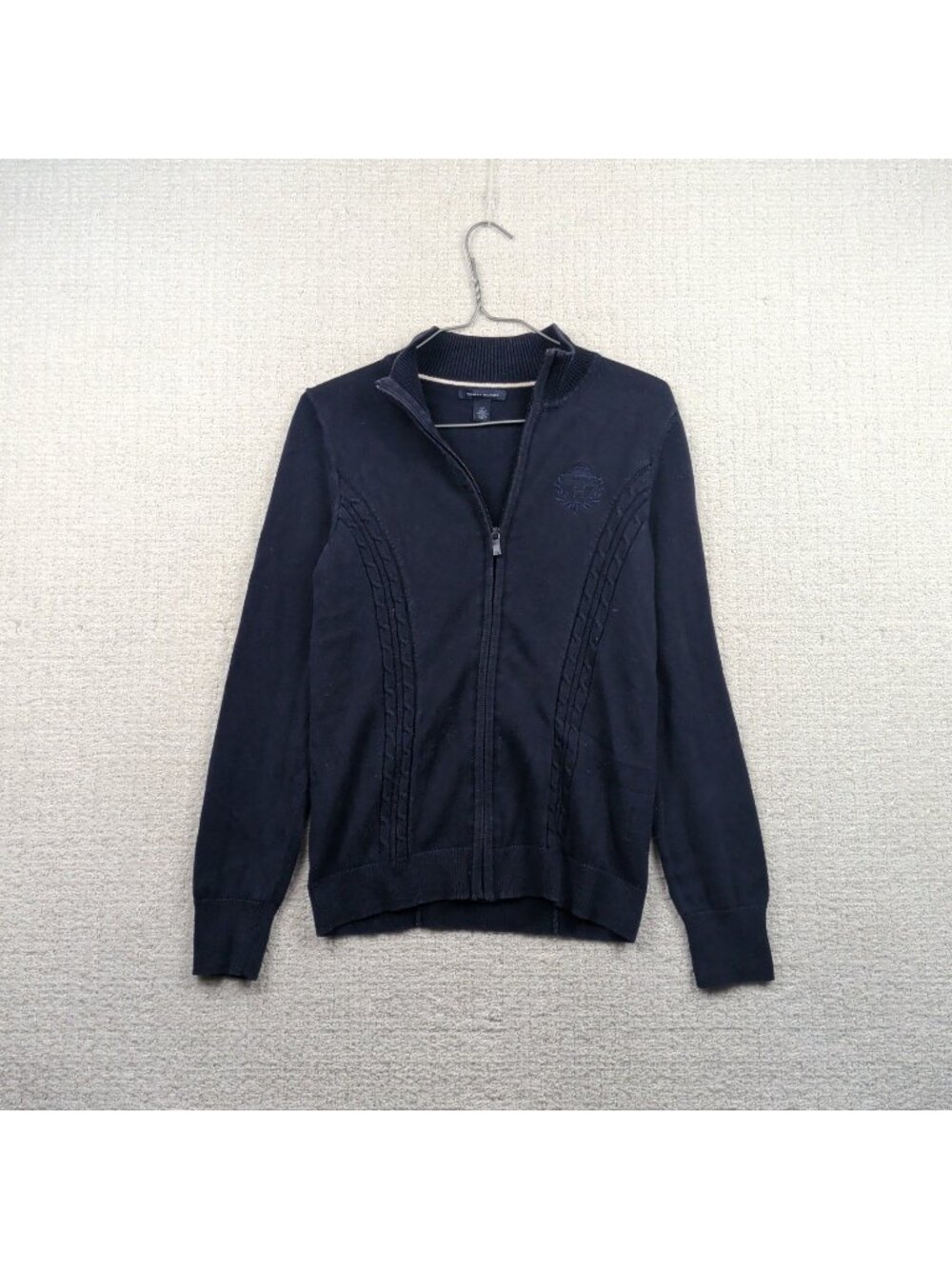 Tommy Hilfiger Cable Knit Full-Zip Sweater Wom Size S Blue Dark Academia Preppy